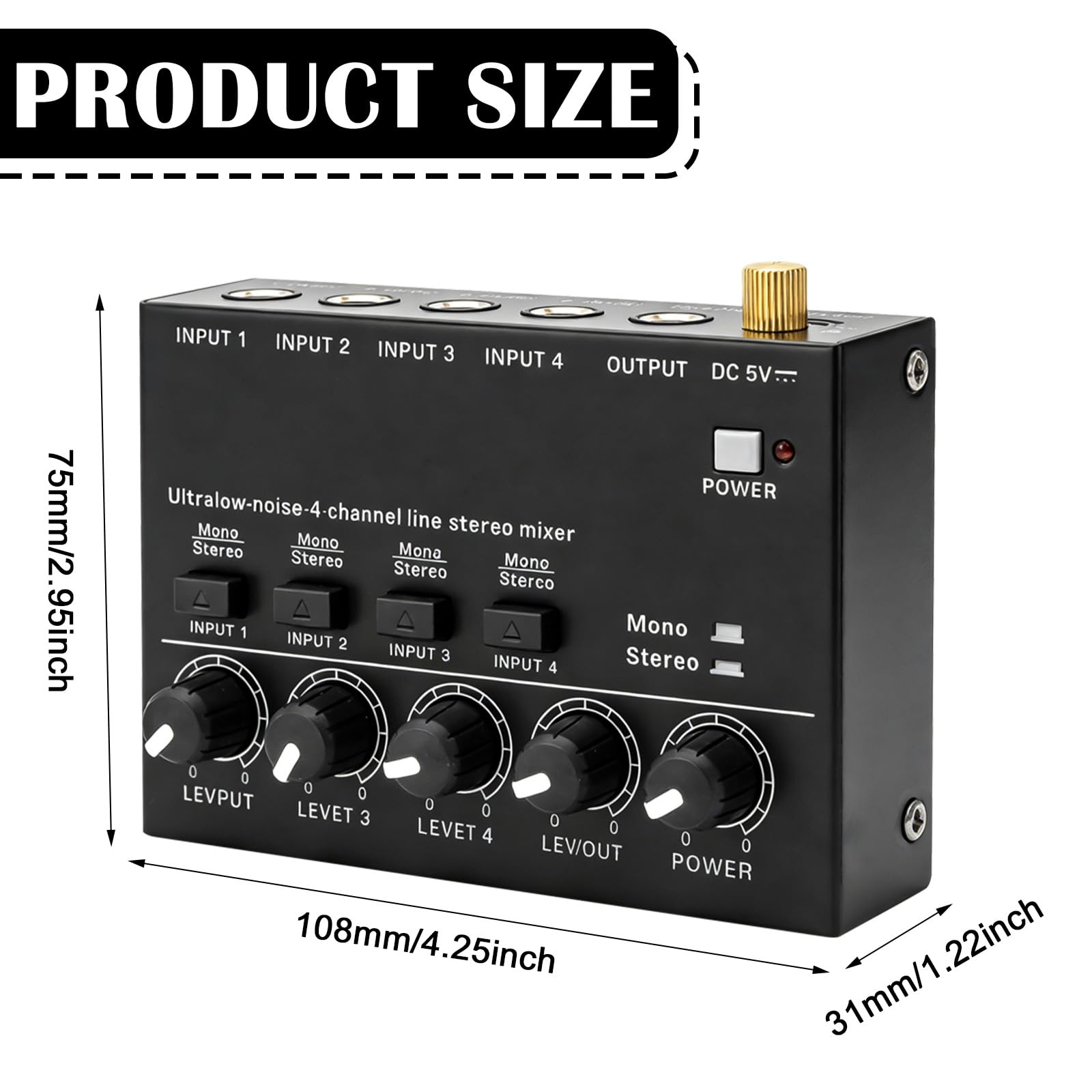 Mixer audio a 4 canali, mixer attivo, console di mixaggio con cavo di commutazione da 3,5mm a 6,35mm, mixer audio stereo con regolazione del volume, console di mixaggio compatta per microfoni