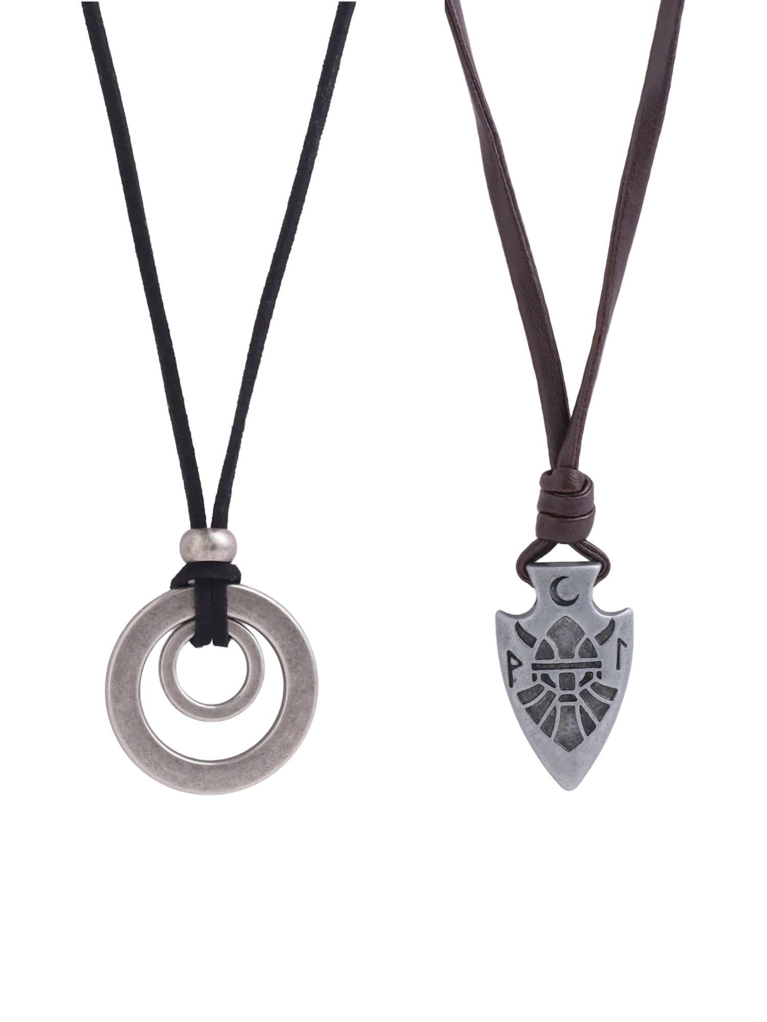 Norse Code Collection | Combo Of Two Pendant Chains For Men And Boys With PU Leather Rope | Silver Colour | Anniversary Birthday Gifts