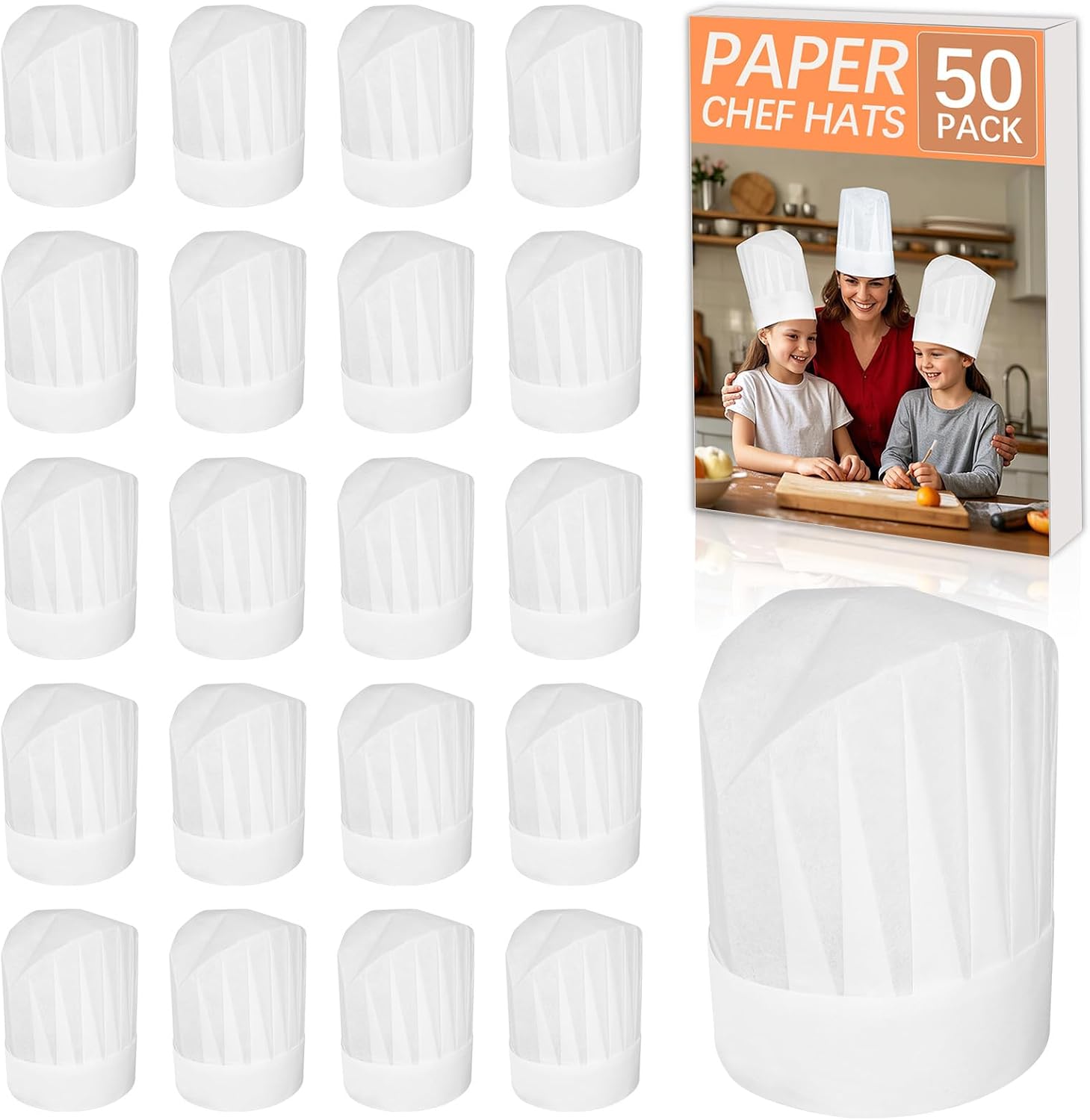 50 Pack Chef Hats for Kids, Disposable Paper Chefs Hat Bulk DIY Kids Chef Cap for Baking, Cooking, Activity, Pizza Party