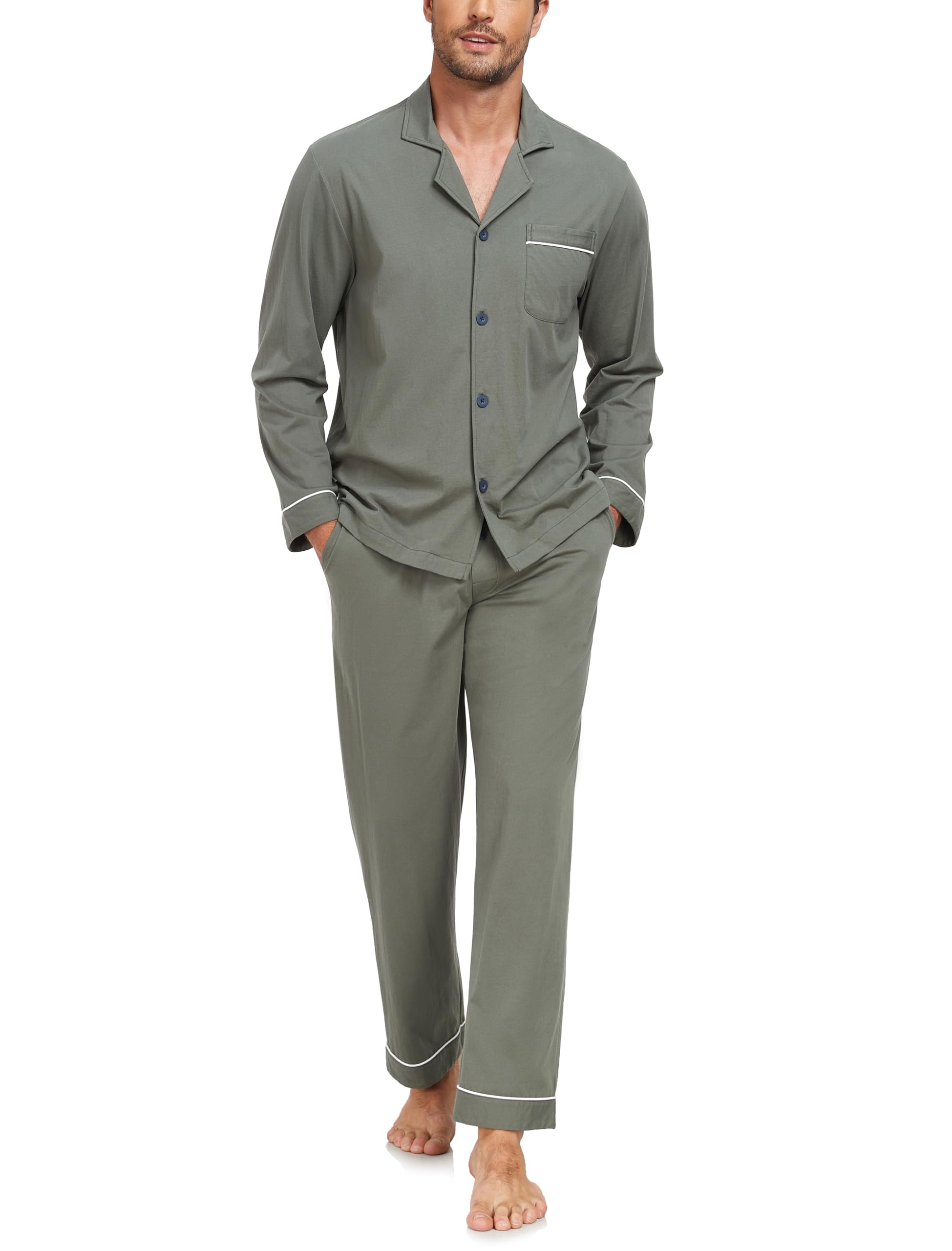 Men's 100% Cotton Pajamas Set Long Sleeve PJs Lightweight Button Up Sleepwear Lounge Sets with Pockets-image-42