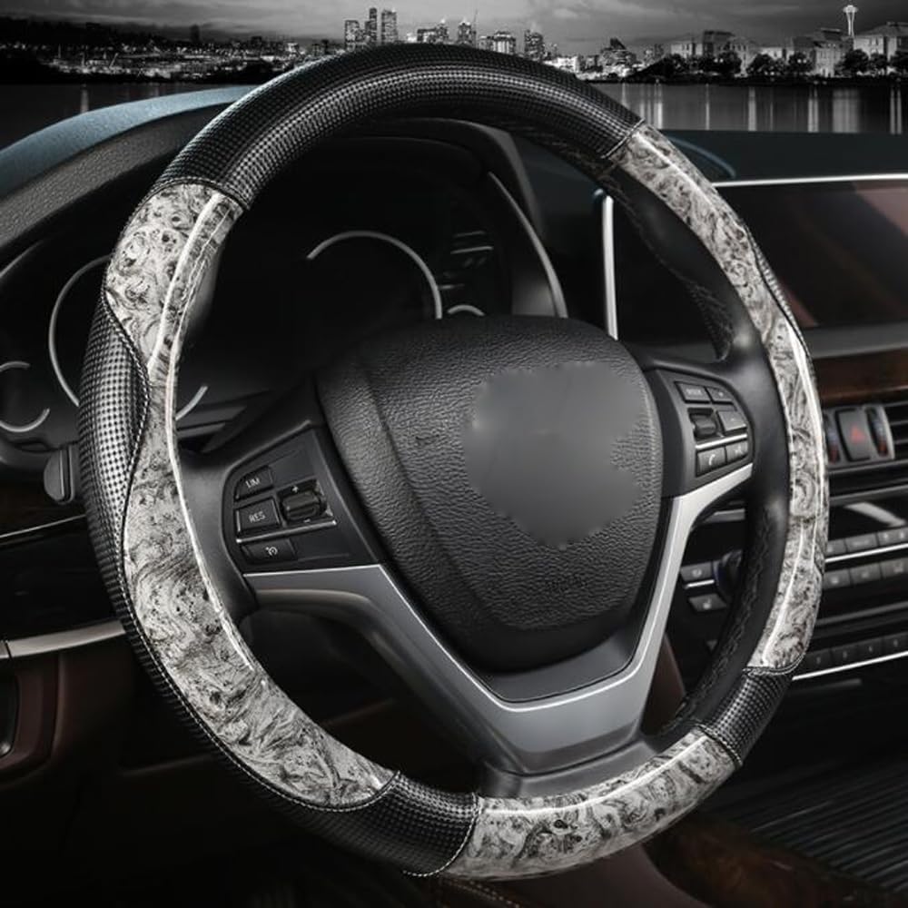 Wood Grain Steering Wheel Cover Four Seasons Universal Leather Anti-Slip Odorless Breathable 15 Inch Fit Car Wheel Protector (Coffee)