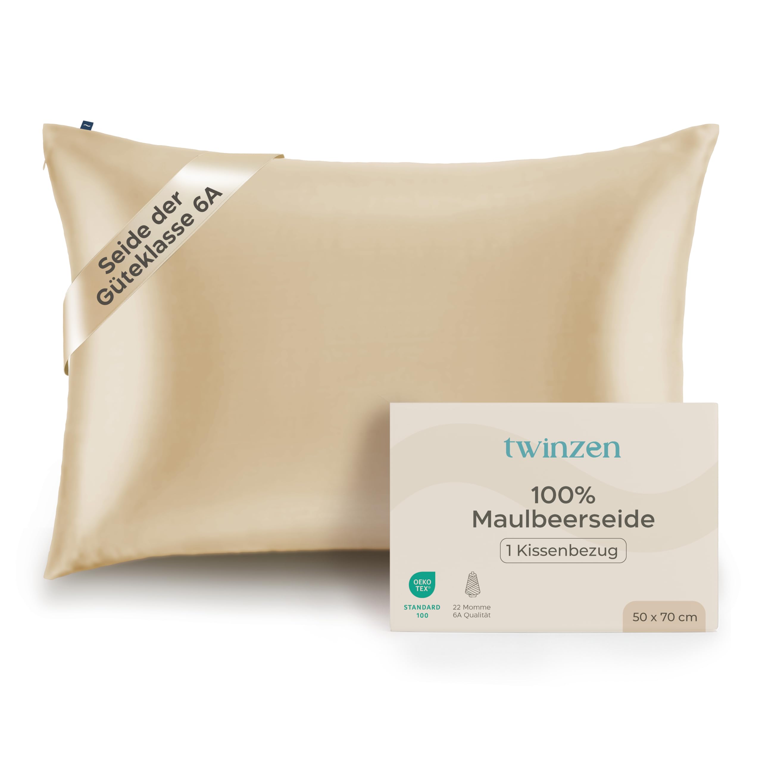 Twinzen Seidenkissenbezug 100% Silk Pillowcase 22 Momme Güteklasse 6A - Oeko-Tex Zert. für Haar und Haut