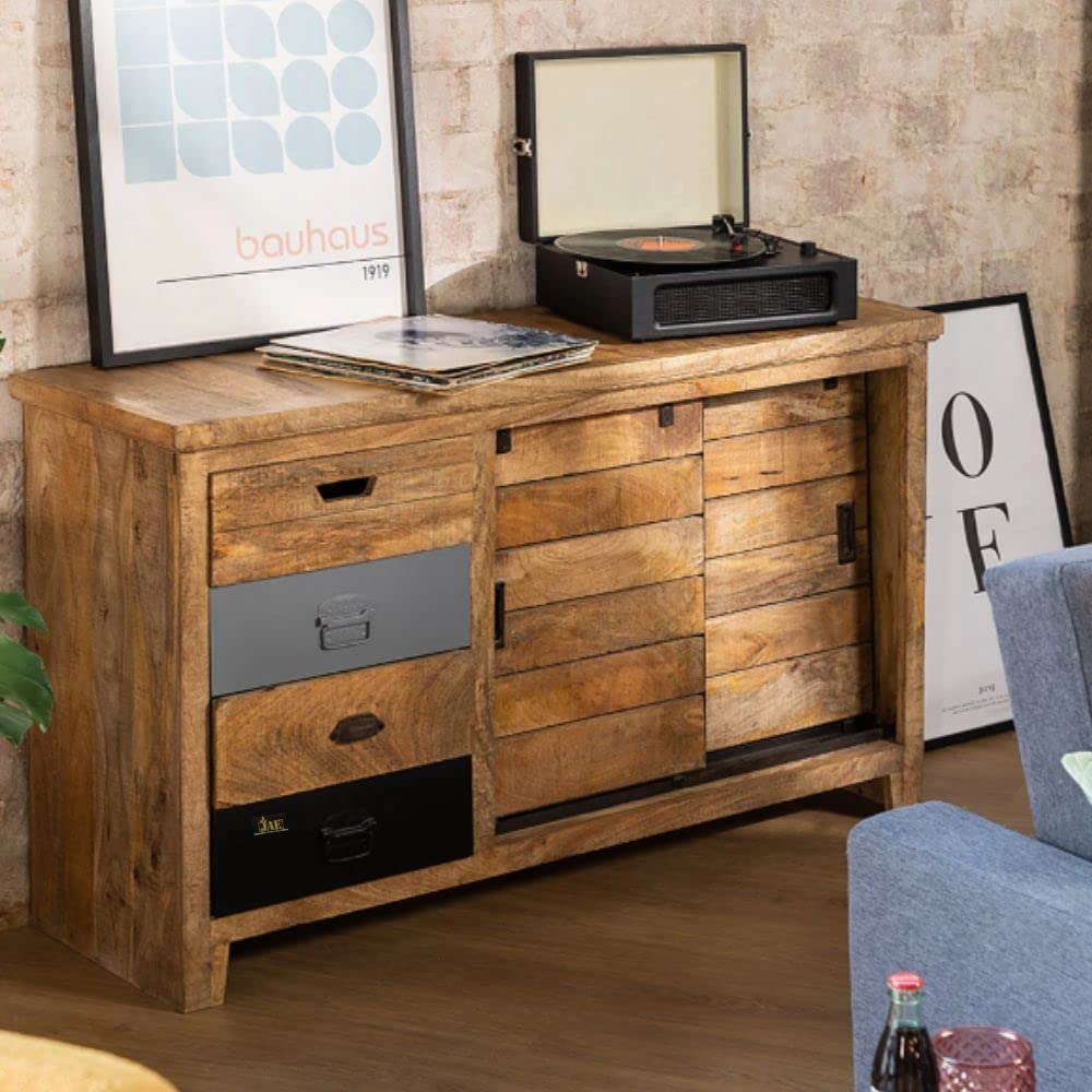 JAE Furniture Modern Antique Wooden Cabinet with Drawers | Cabinet for Storage Wooden Furniture | Sideboard Cabinet Living Room | Mango Wood, Rough Antique Finish