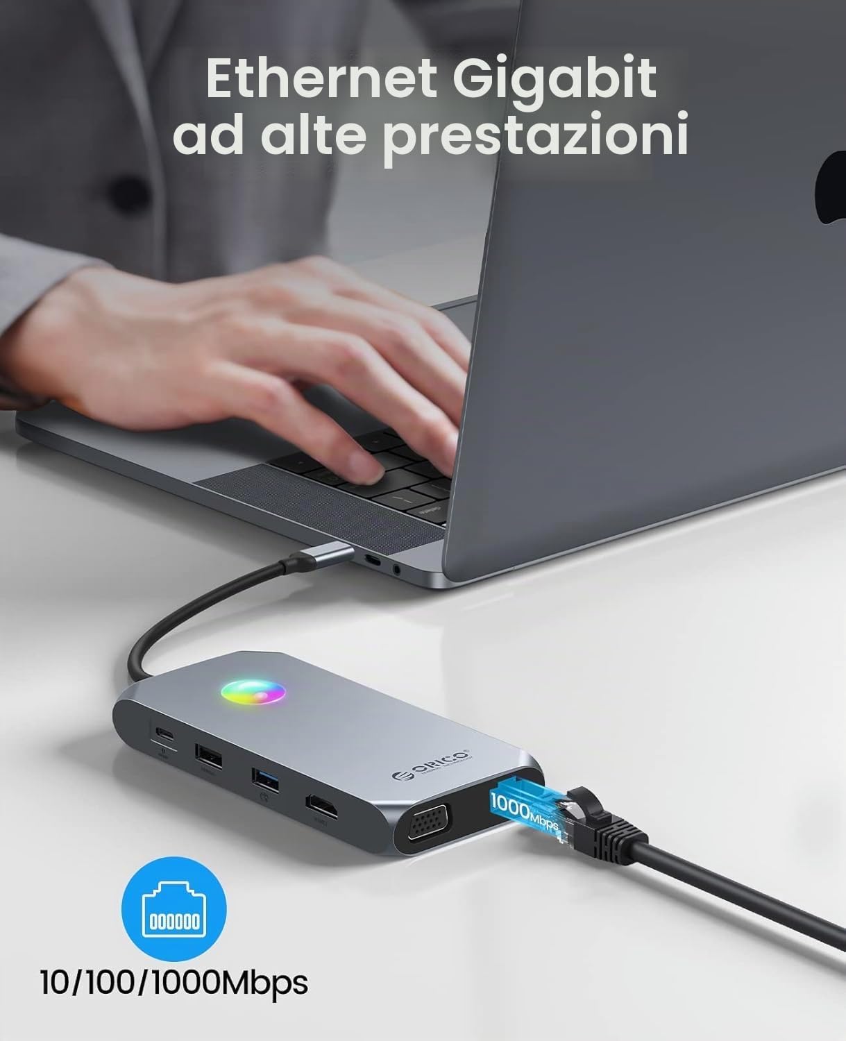 Docking station USB HUB, ORICO 12 in 1 RGB USB C, adattatore 4K HDMI, 100W Power Delivery, 1 Gbps Ethernet, 4 porte dati USB 3.0, SD e TF 3.0, 1080P VGA, audio 3.5 mm, 14 tipi di illuminazione RGB
