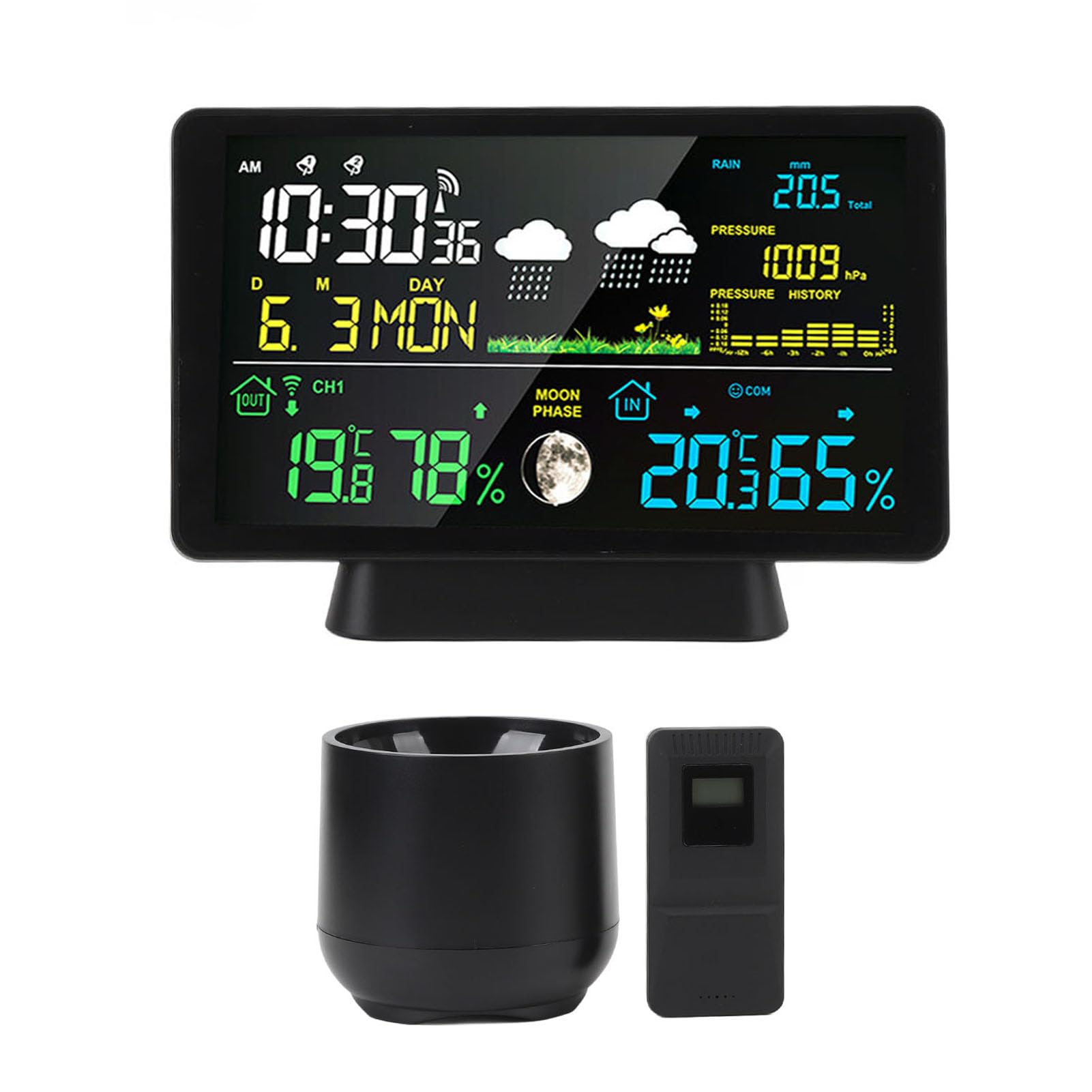 Wetterstation mit Sensoren, 7,5 Zoll Farbdisplay Vorhersagestation mit Regenmesser, Digitale Wetteruhr, Kabelloser Innen und Außentemperaturwecker