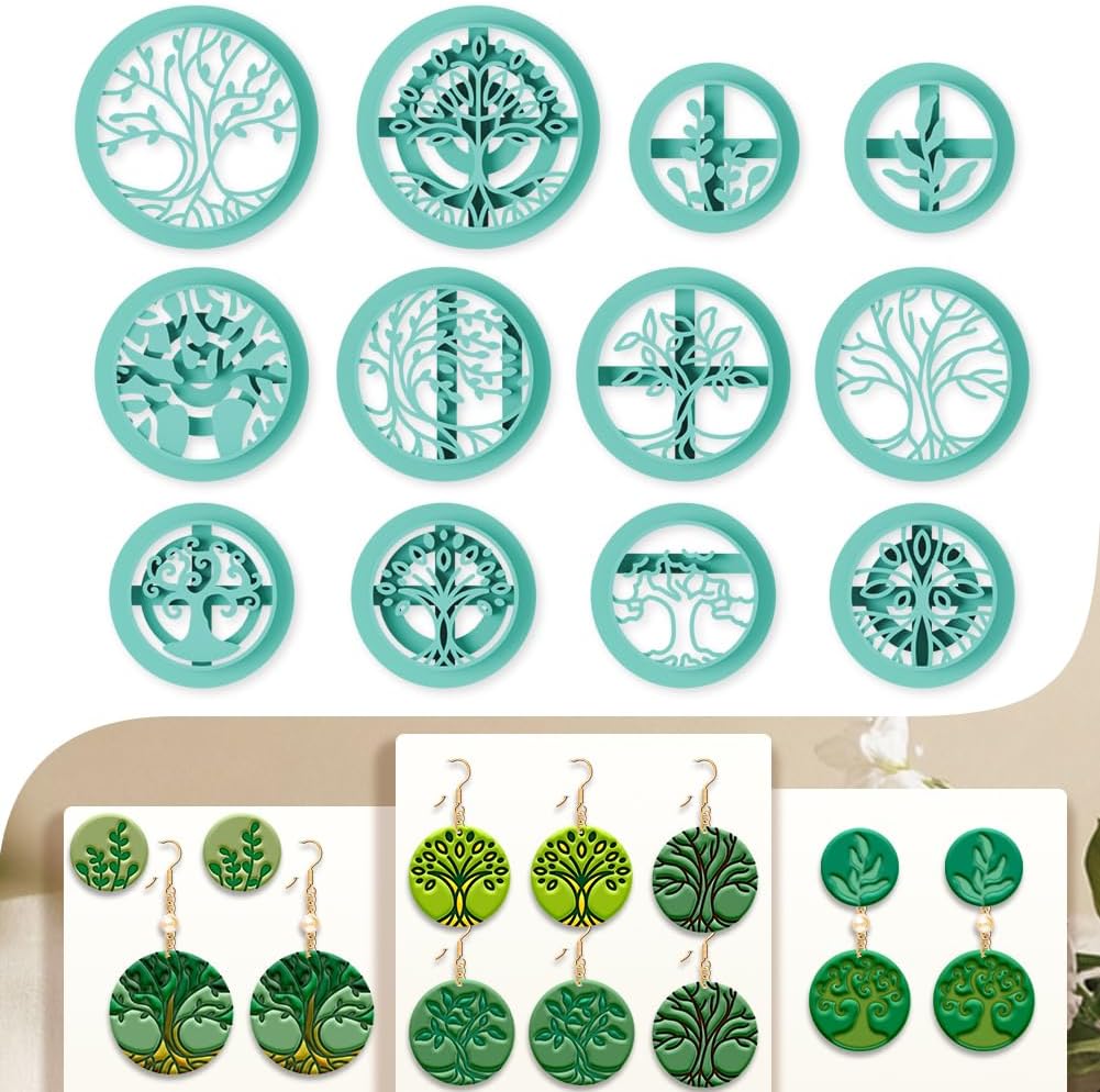 12Pcs Boho Trees of Life Polymer Clay Cutters Round Clay Earrings Cutters Polymer Jewelry Cutter for Earrings Making Birthday Party DIY Supplies