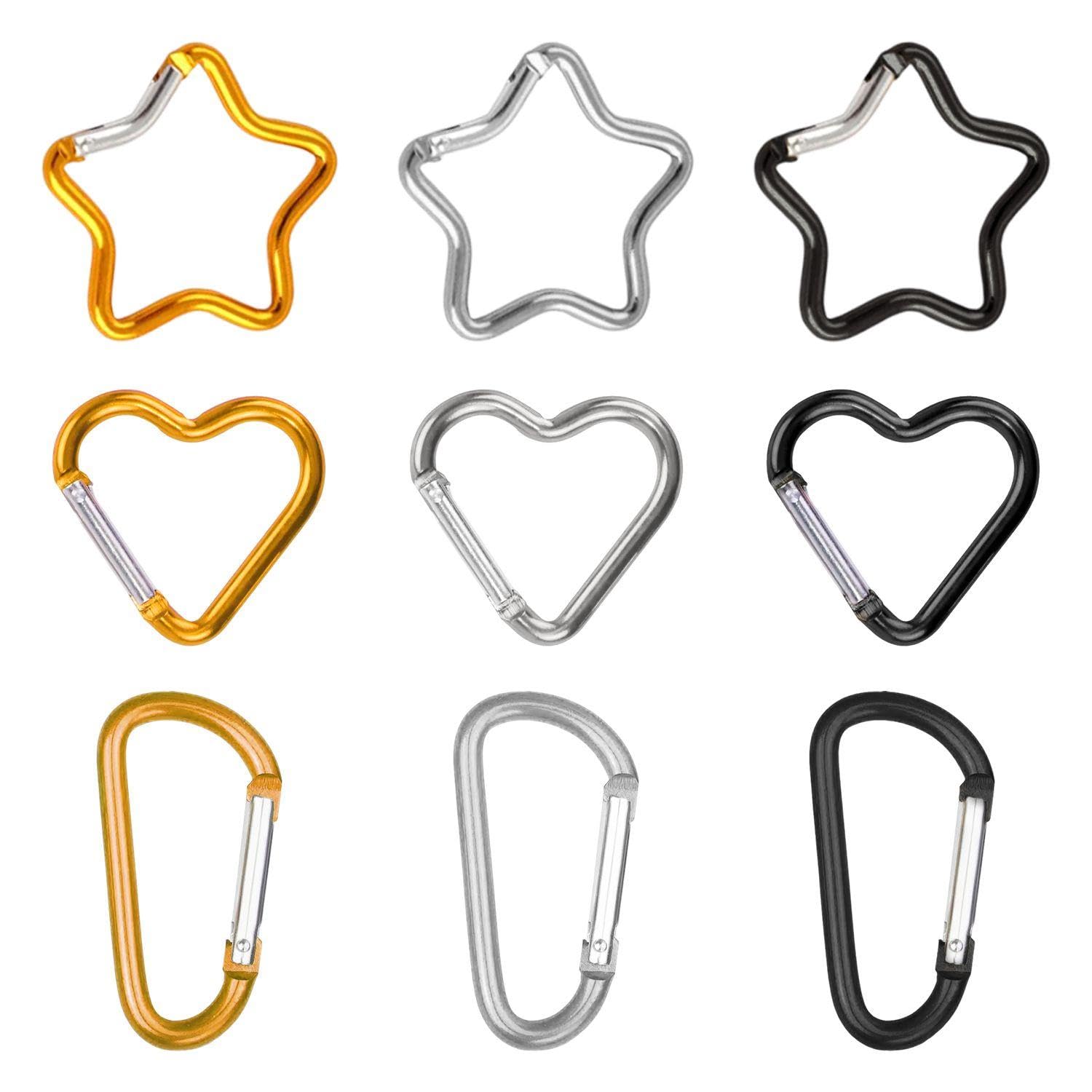 Lot De 15 Mousquetons Alu En Forme De Cœur, étoile Ou Os – Pour Clés, Sacs, Bouteilles, Camping Et Rando