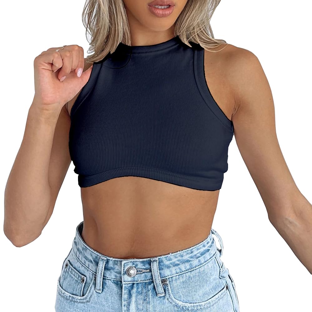 Dwnval Sexy Sleeveless Crewneck Tank Top Ribbed Knitted Crop Tops for Women
