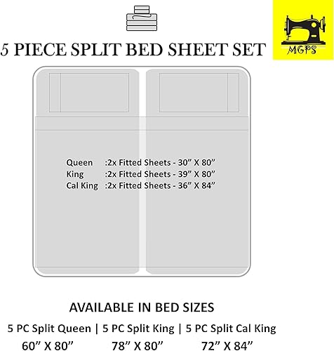 Miniatura 5 de Juego de sábanas divididas tamaño Queen para cama ajustable, tejido de satén suave, 1000 hilos, 100% algodón egipcio, juego de 5 piezas con 2