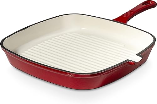 Sartén de hierro fundido esmaltado de 9.5 pulgadas, rojo, Rojo -