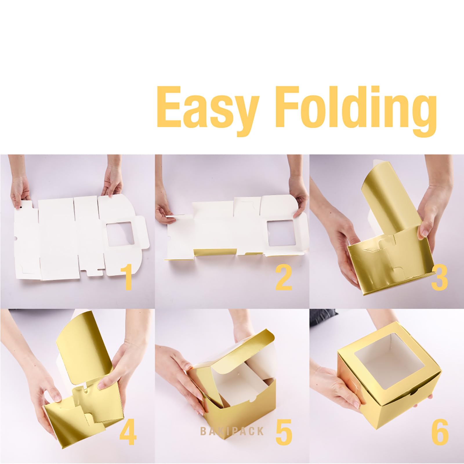 25 cajas doradas de panadería con ventana de 5 x 5 x 3.5 pulgadas, cajas de postre para llevar con ventana, cajas de dulces para panadería pequeña, postre, dulces, galletas, pastelería