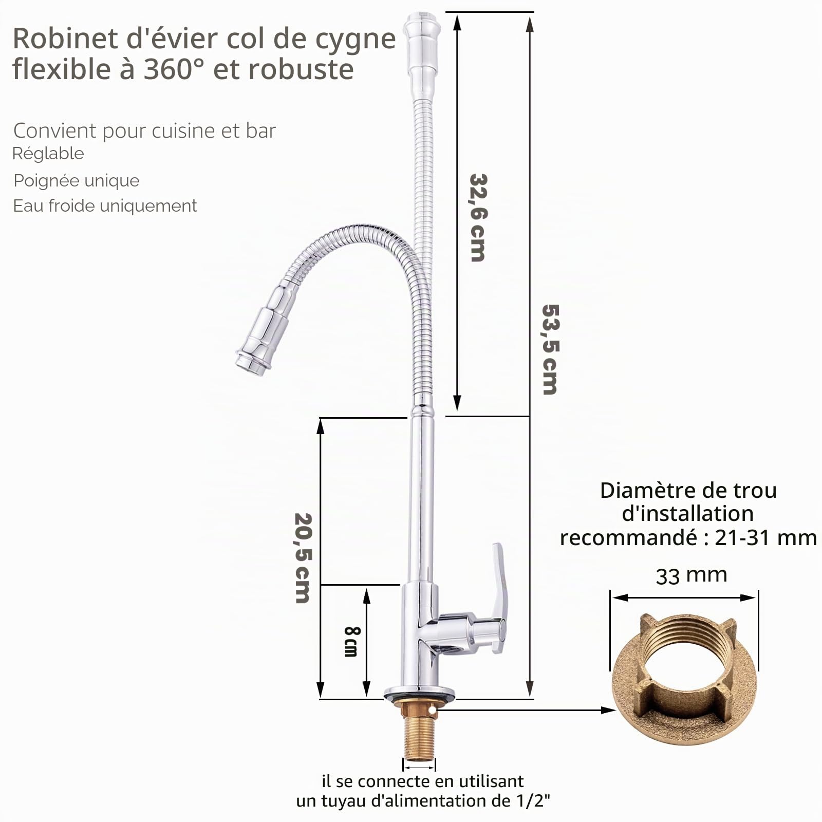 Inchant 360 Rotatif Cuisine Bar Salle de Bains Robinet d'évier Simple Eau Froide Cou Flexible Salle de Lavage Jardin extérieur Robinet d'application Robinets