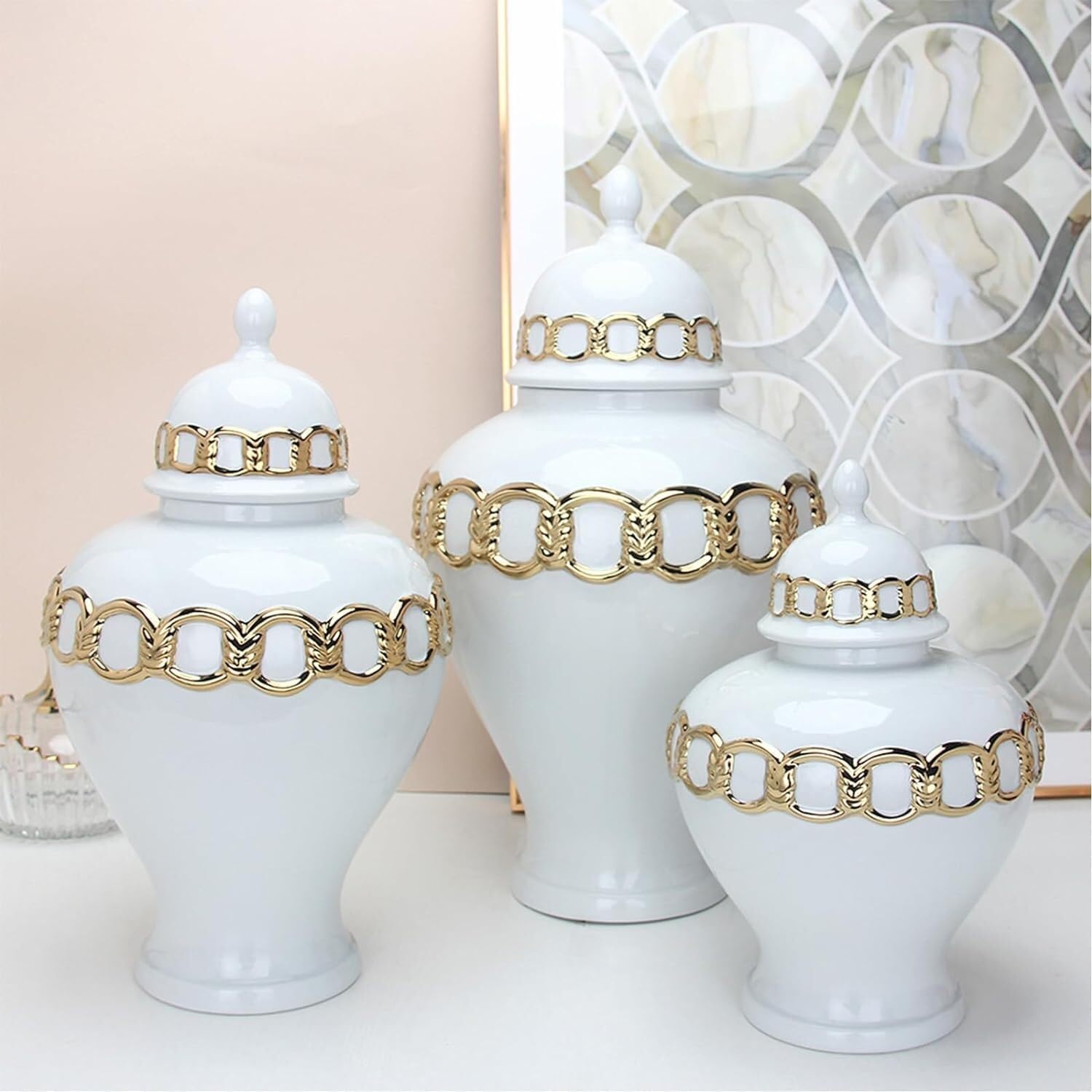 Food Storage Jar,Decorative Jar Ginger Jar Vase Decor Ceramic Vases Flowers Ginger Jar Porcelain Temple Jar Porcelain Vase with Lid Storage Jar Home Decor Ginger Jars Stora,Gold-26 * 45Cm