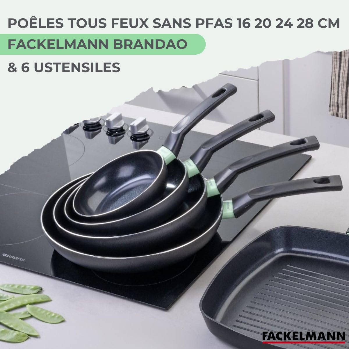 Fackelmann Set 4 poêles céramique 16/20/24/28 cm et 6 ustensiles