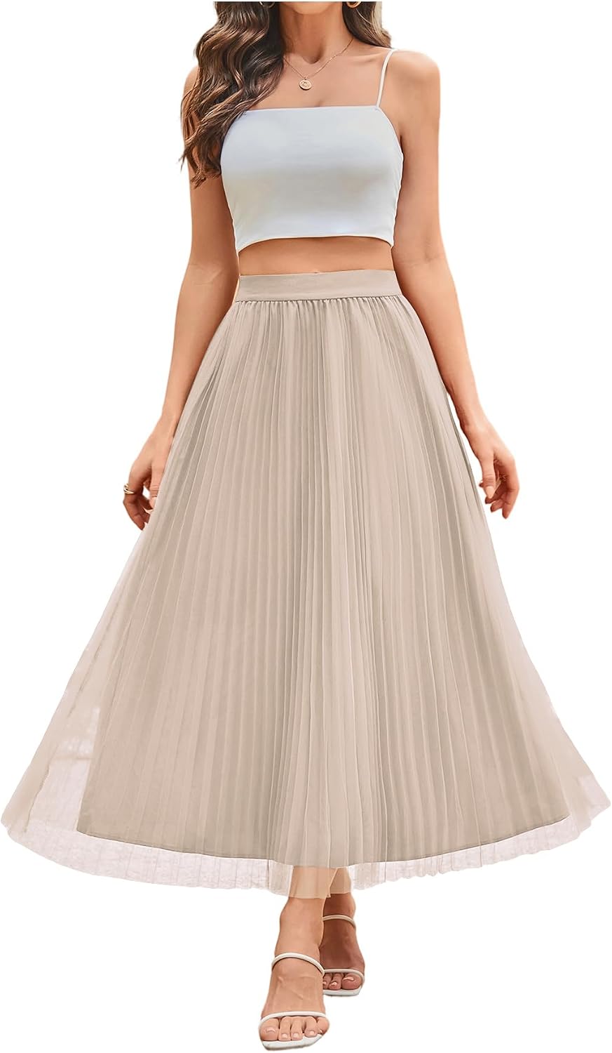 SHENHE Women's Tulle Skirt Mesh Pleated Layered A Line High Waist Elegant Flowy Long Skirt