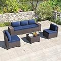 Halmuz 6 Piece Patio Furniture Sets Outdoor Conversation Sofa Set, All-Weather High Back PE Rattan Wicker Sectional Furniture Patio Sofa w/Tempered Glass Top Table&Thickened Cushions(Navy)