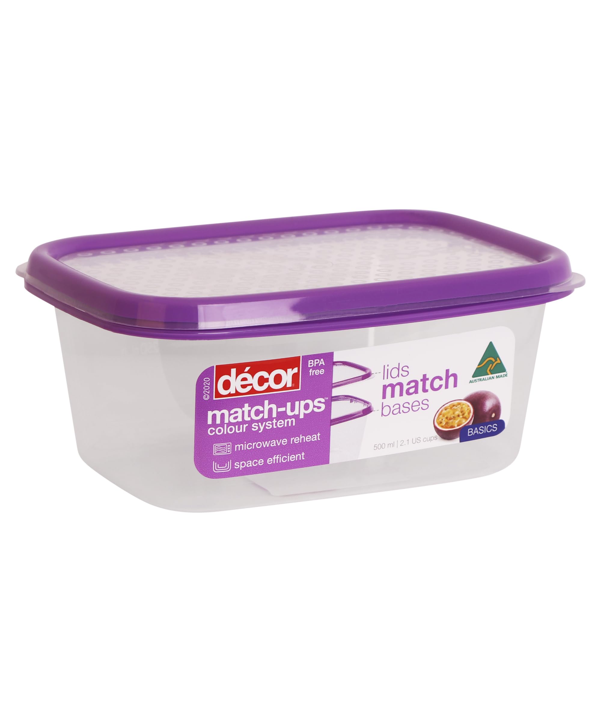 Décor Match-ups Basics Oblong | Food Storage Pantry Container | Ideal for Meal Prep | BPA Free | Dishwasher, Freezer & Microwave Safe, Clear/Purple, 500ml