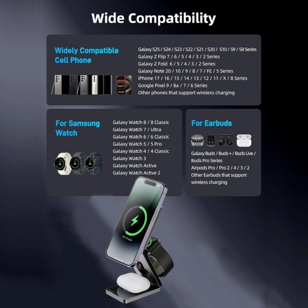 Caricabatterie wireless magnetico pieghevole quadrato sottile 3 in 1 per orologio e auricolari
