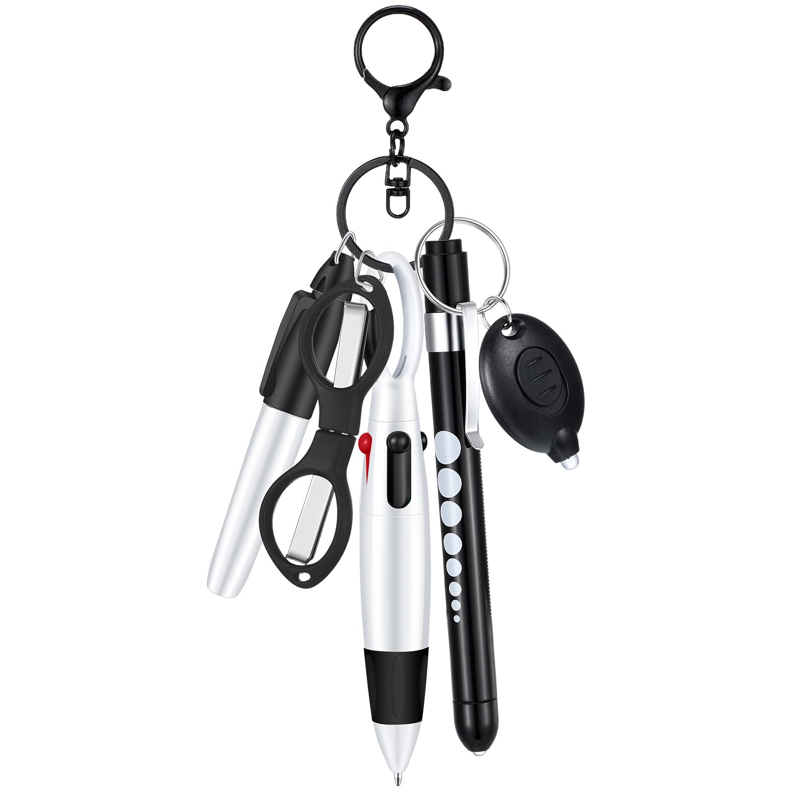 6 Pcs Nurse Pen Set Include Permanent Marker Pen Retractable Ballpoint Pen Keychain Clip Foldable Scissors Lights LED Flashlight Keychain for Nurse Accessories(Black)