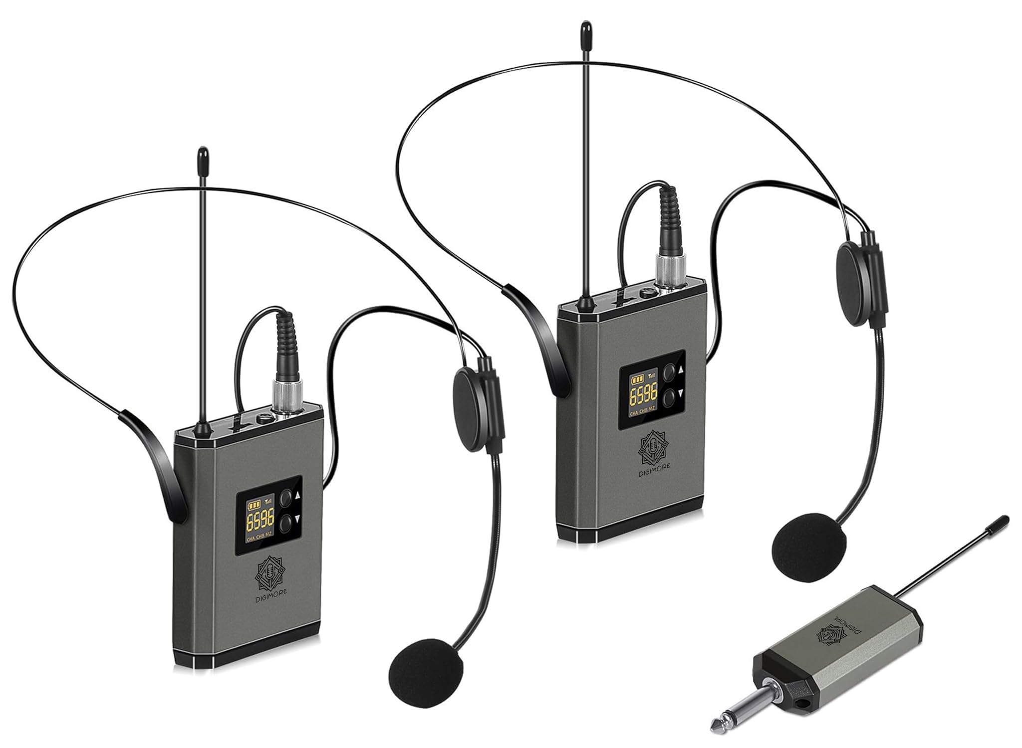 DIGIMORE UHF Dual Wireless Headset Microphone with Transmitter and Mini Rechargeable Receiver 1/4" Output for Conference, Stage Performances, Wedding, DJ, Party, Speech, Vlogging (D-355)