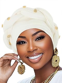 Woeoe Women African Turban Pre-Tied Twisted Beanie Cap Headwear Rhinestone Soft Stretchy Head Turbans