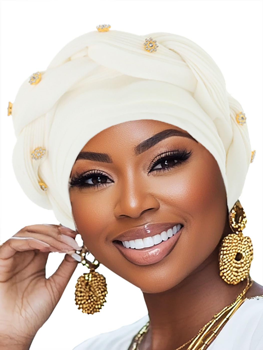 Women African Turban Pre-Tied Twisted Beanie Cap Headwear Rhinestone Soft Stretchy Head Turbans