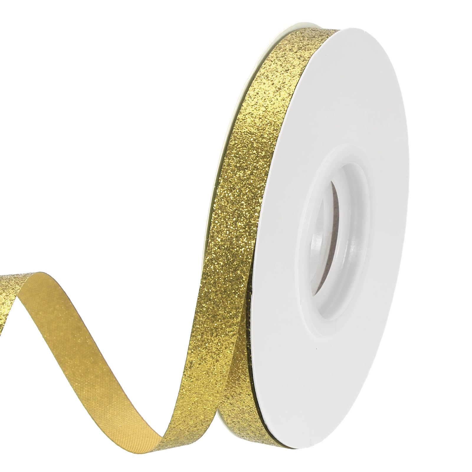 PATIKIL Gold Metallic Glitter Ribbon Roll, 3/8 Inch x 25 Yards Sparkly Ribbon Single Sided Cut Edge Design Gift Wrapping Fabric Rolls for DIY Crafts Wedding Party Home Decor