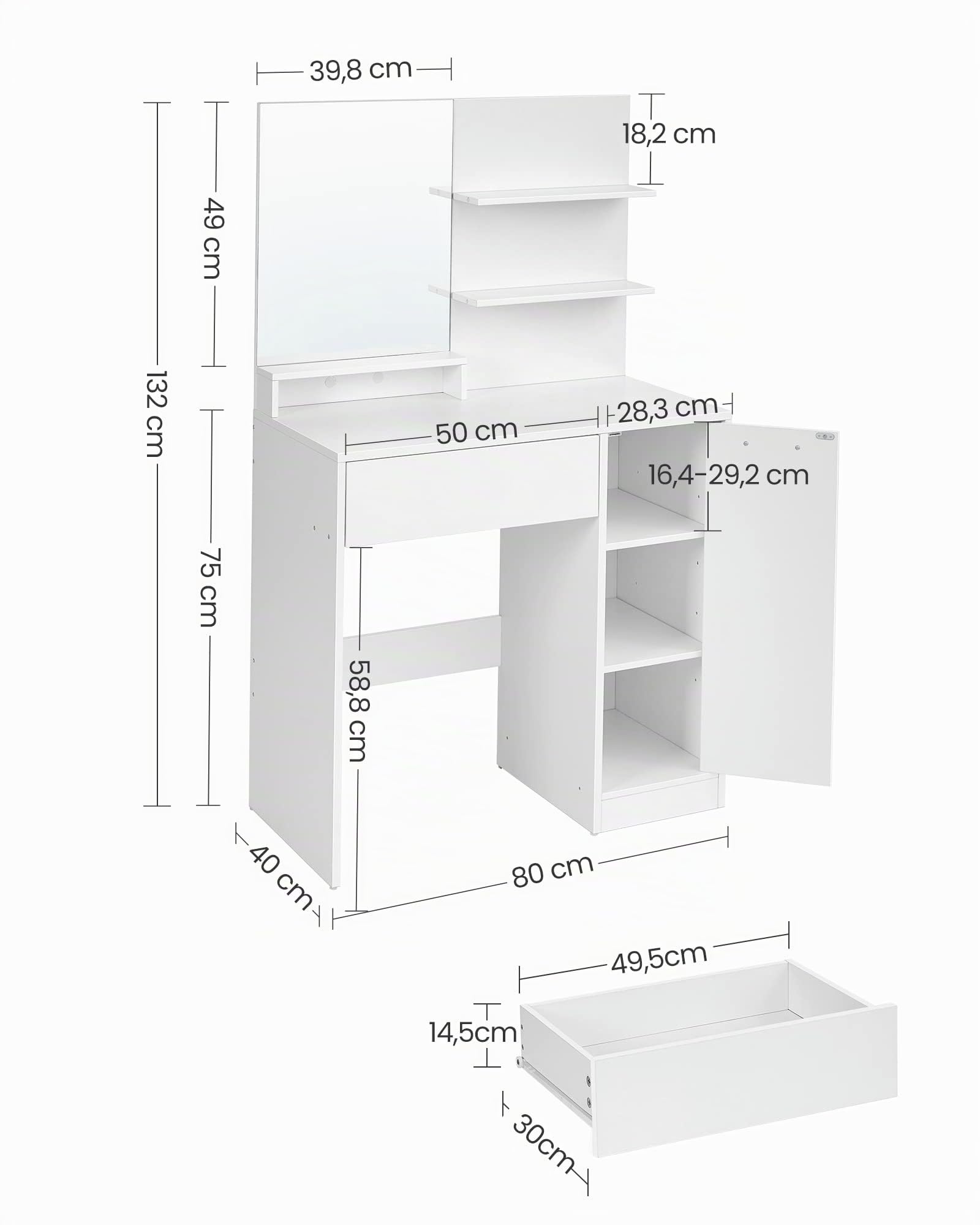 VASAGLE Schminktisch, mit Spiegel, 1 Schublade, 2 Ablagen | Frisiertisch, Aufbewahrungsfach, 2 verstellbare Ablagen hinter der Tür, Wolkenweiss, CUSTOS Kollektion RDT119W01