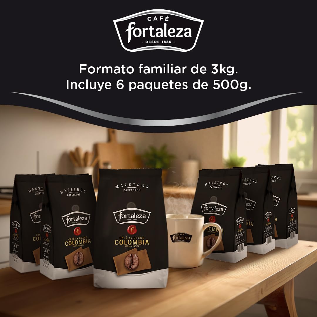 CAFÉ FORTALEZA Café en Grano Colombia 500g x 6 - Total 3KG - Uno de los Orígenes más populares, de variedad 100% Arábica. Café de exquisita suavidad y aroma incomparable.