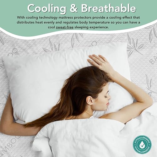 Miniatura 4 de Protector de colchón de rayón de bambú con cremallera + 2 protectores de almohada, 100% impermeable, refrescante, tamaño King, tela ultrasuave,