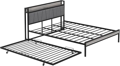 Miniatura 6 de HoRunzelin Cama de plataforma de metal resistente tamaño Queen con nido tamaño individual y cabecera tapizada, enchufes, puertos USB, no necesita
