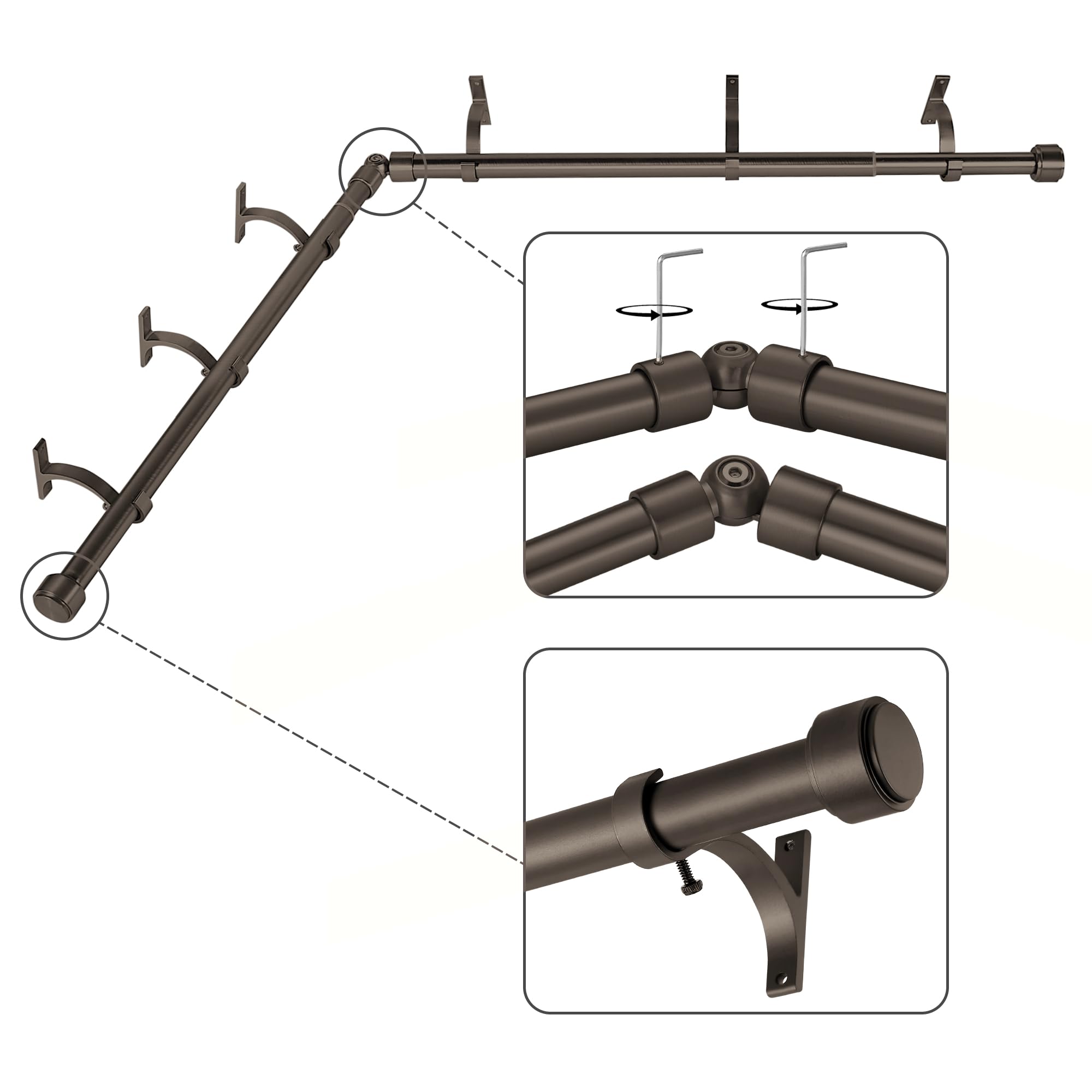 Eck-Fenster-Gardinenstangen, verstellbar, mit Aluminium-Endkappen-und Halterungen, 2,5 cm Durchmesser, Erkerfenster-Gardinenstangen, 2-seitig, 91,4–183,9 cm, dunkle Bronze