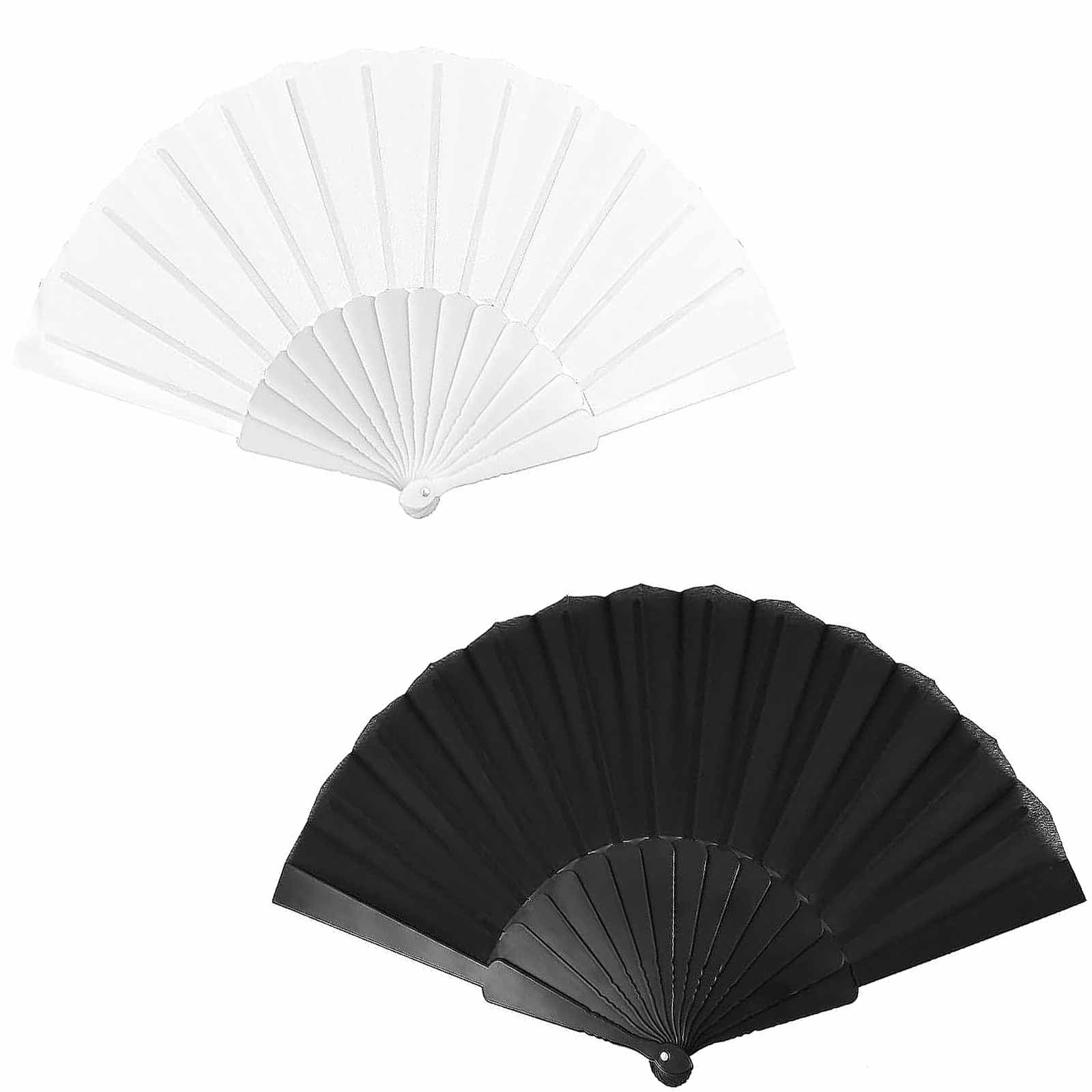 2 Pcs Folding Hand Fan Set, Hand Fan Folding, Silk Fabric Plastic Ribs Handheld Fan, Folding Fans Handheld for Women Dancing Cosplay Props Wedding Summer Party Decorations Gift(Black+White)