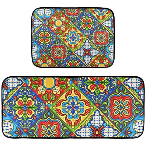 Emelivor Mexican Talavera Tile Kitchen Rugs and Mats Set 2 Piece Non Slip Washable Runner Rug Set of 2 for Floor Home Kitchen Laundry Decorative Cover