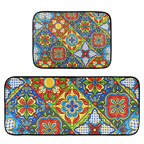 Emelivor Mexican Talavera Tile Kitchen Rugs and Mats Set 2 Piece Non Slip Washable Runner Rug Set of 2 for Floor Home Kitchen Laundry Decorative