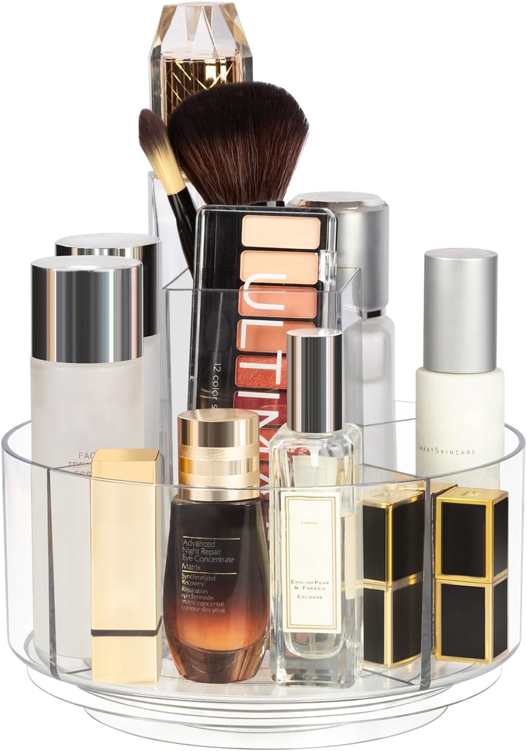 360° Rotating Makeup Organizer Clear Turntable Lazy Susan Organizer for Vanity, Bathroom Counter, Spinning Cosmetic Display Case with 5 Compartment Holder for Skin Care, Makeup Brushes, Lipsticks