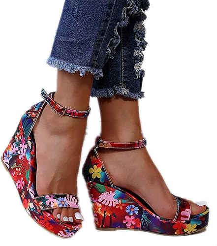 ZBYY Sandalias de plataforma para mujer, sandalias de plataforma con correa al tobillo, sandalias de tacón alto con estampado floral de verano