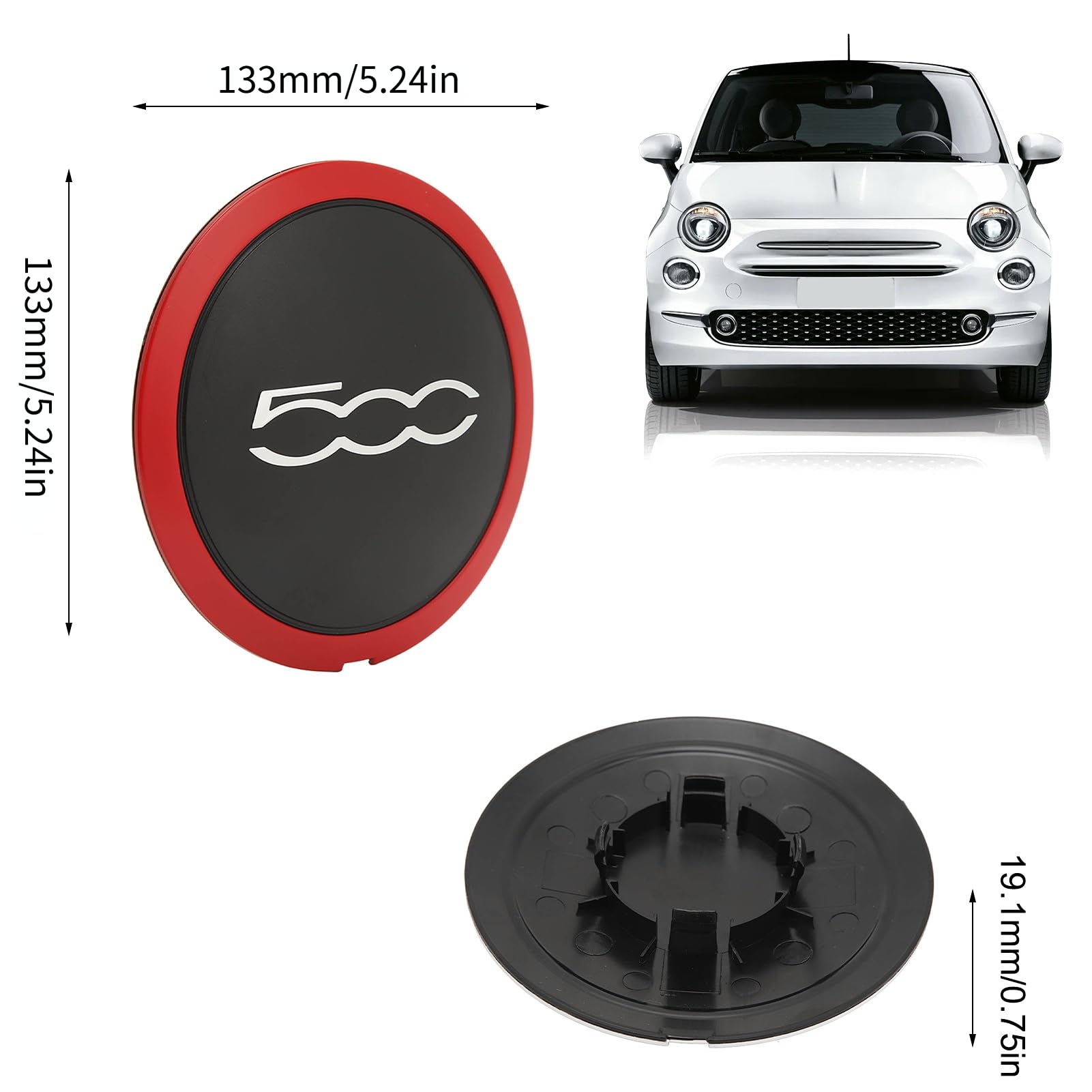 Tapa Central De Cubo De Rueda Anti Calor Con Moldura 68078419AC Para Rueda Central Para Fiat 500 Circulo Rojo Letra Blanca