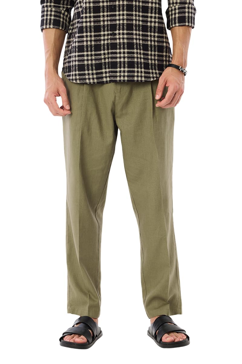 Men Casual Trousers for Holiday| Baggy Fit Pleated Front Plain Design | Breathable Linen Blend & Lightweight Cotton Trousers for Summer & Resort Wear-image-36