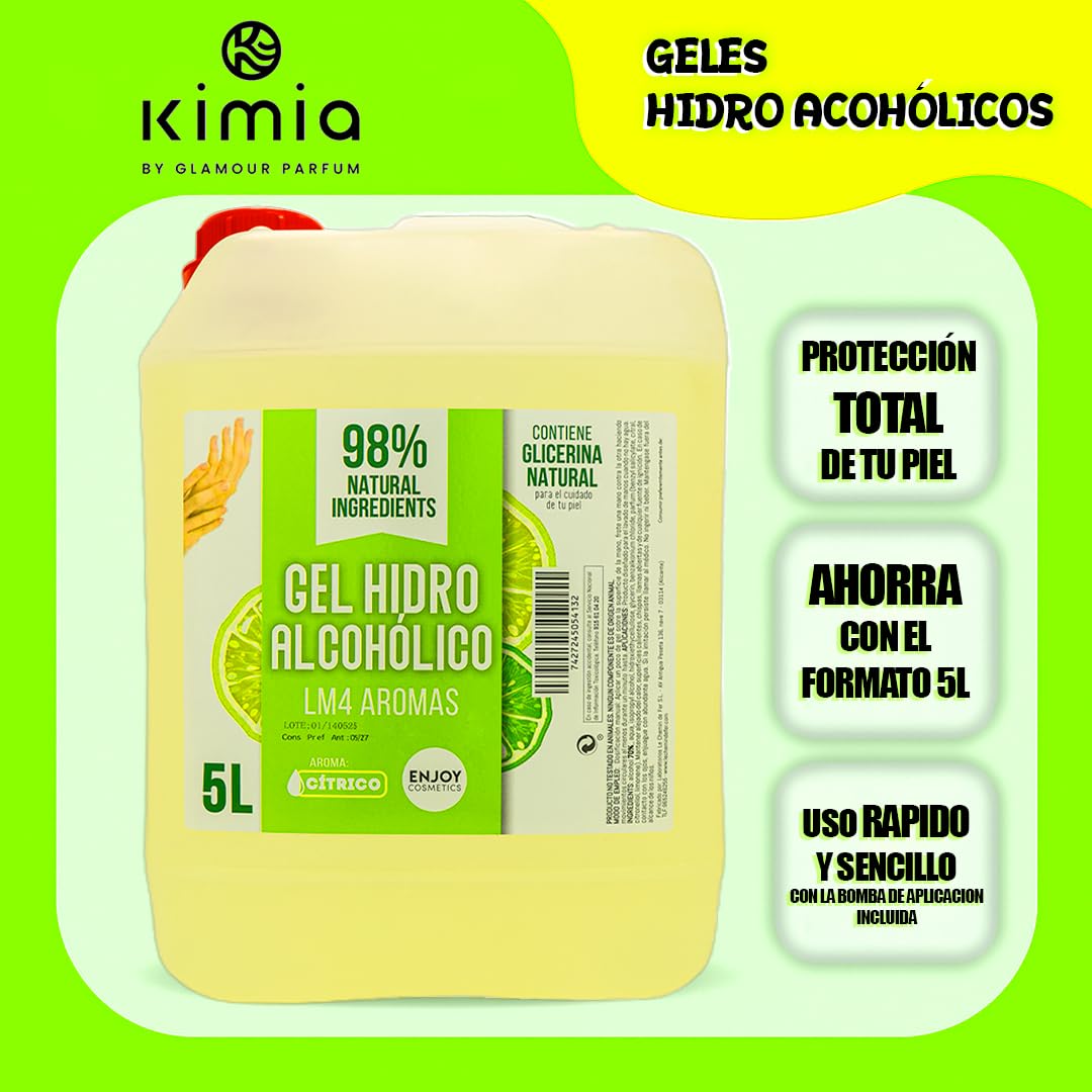 ENJOY COSMETICS - Gel Hidroalcohólico Aroma a Cítrico 5L | 70% Alcohol | Con Glicerina Natural | Para el Cuidado de la Piel | 98% Ingredientes Naturales | Ideal para Casa y Comercios