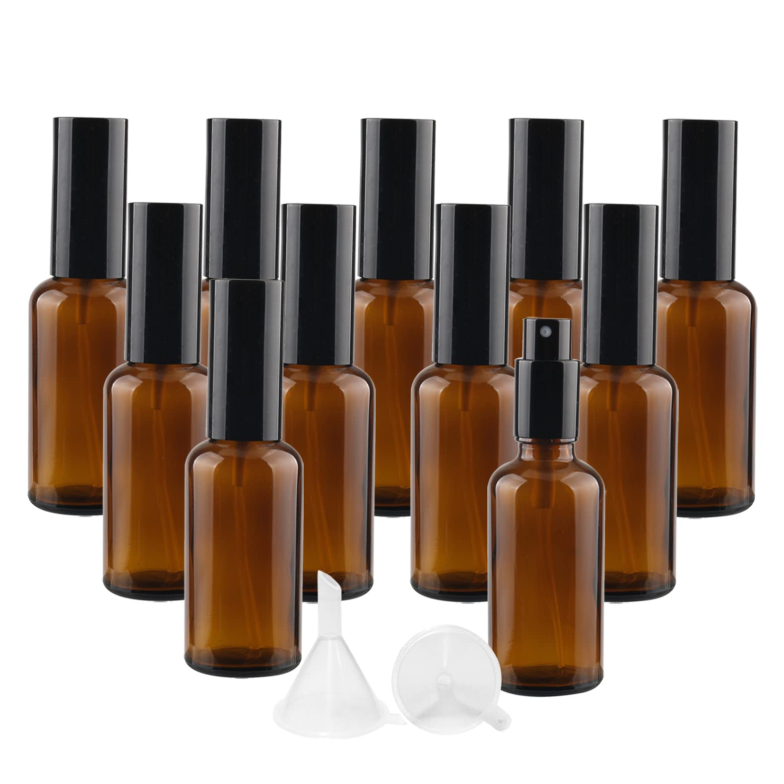 24 Stück, 50ml Braun Glas Nachfüllbar Parfümzerstäuber mit Schwarz Deckeln Sprühflasche Portable Sprühflasche für Reisen Ätherische Öle Parfüm Zubehör