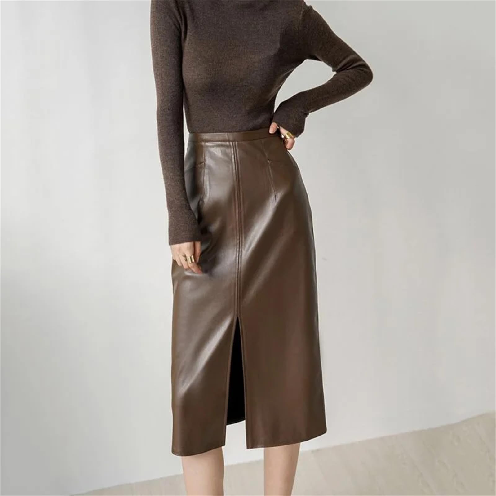 Gonne in pelle PU per le donne a vita alta autunno dritto elegante Split Midi gonne