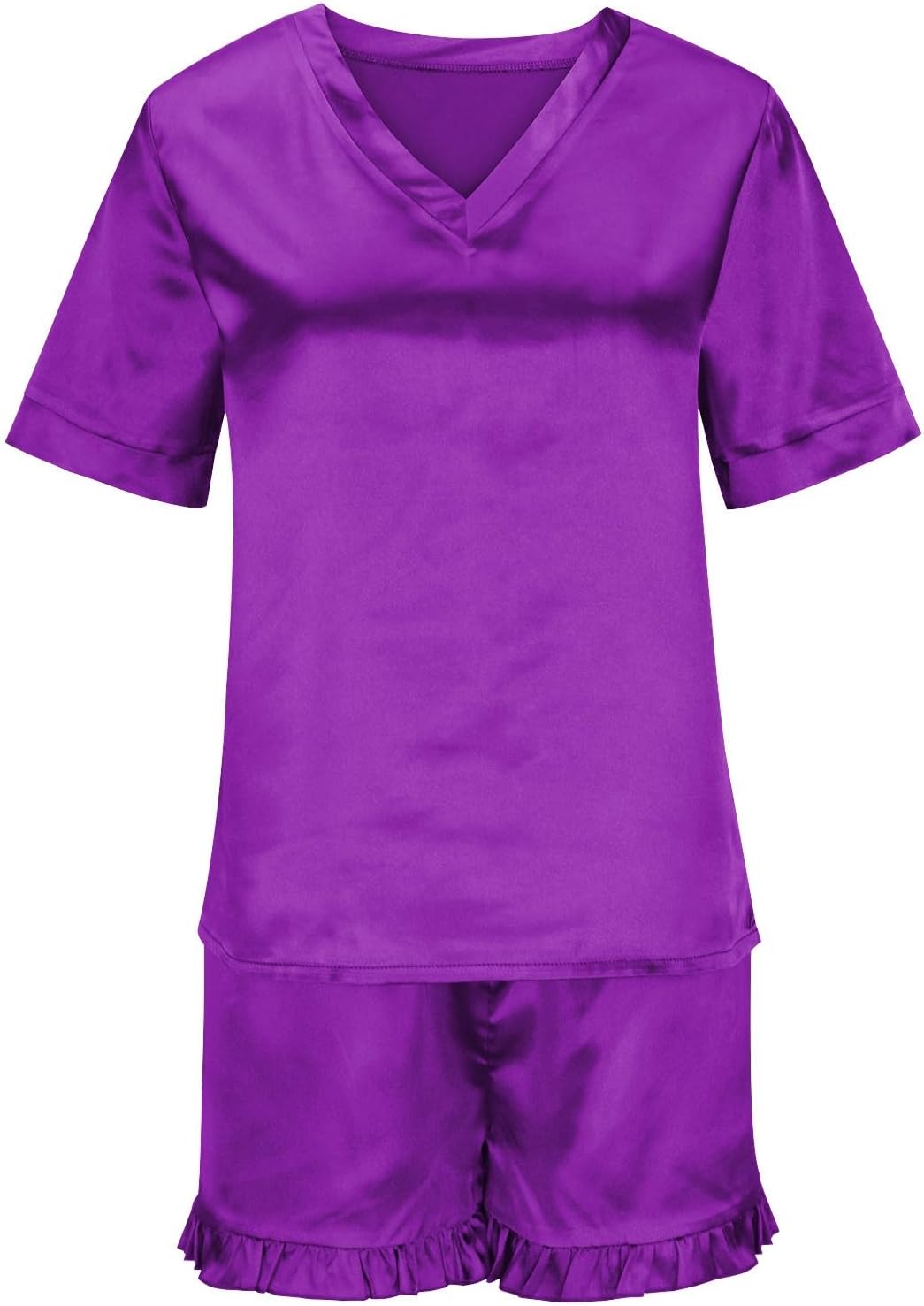 Womens Satin Pajamas Set 2 Piece Silk Pjs Short Sleeve V Neck Tops and Ruffle Shorts Lounge Sets Comfy Soft Sleepwear