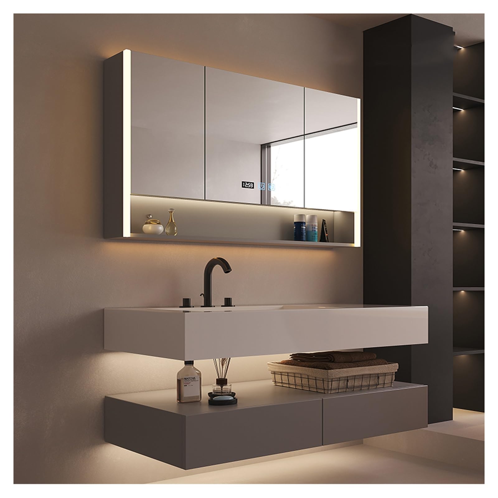 Armadietto Con Specchio Per Bagno - 40x55 Cm, Illuminazione LED, Ripiano In Vetro, Bianco - Foto 4