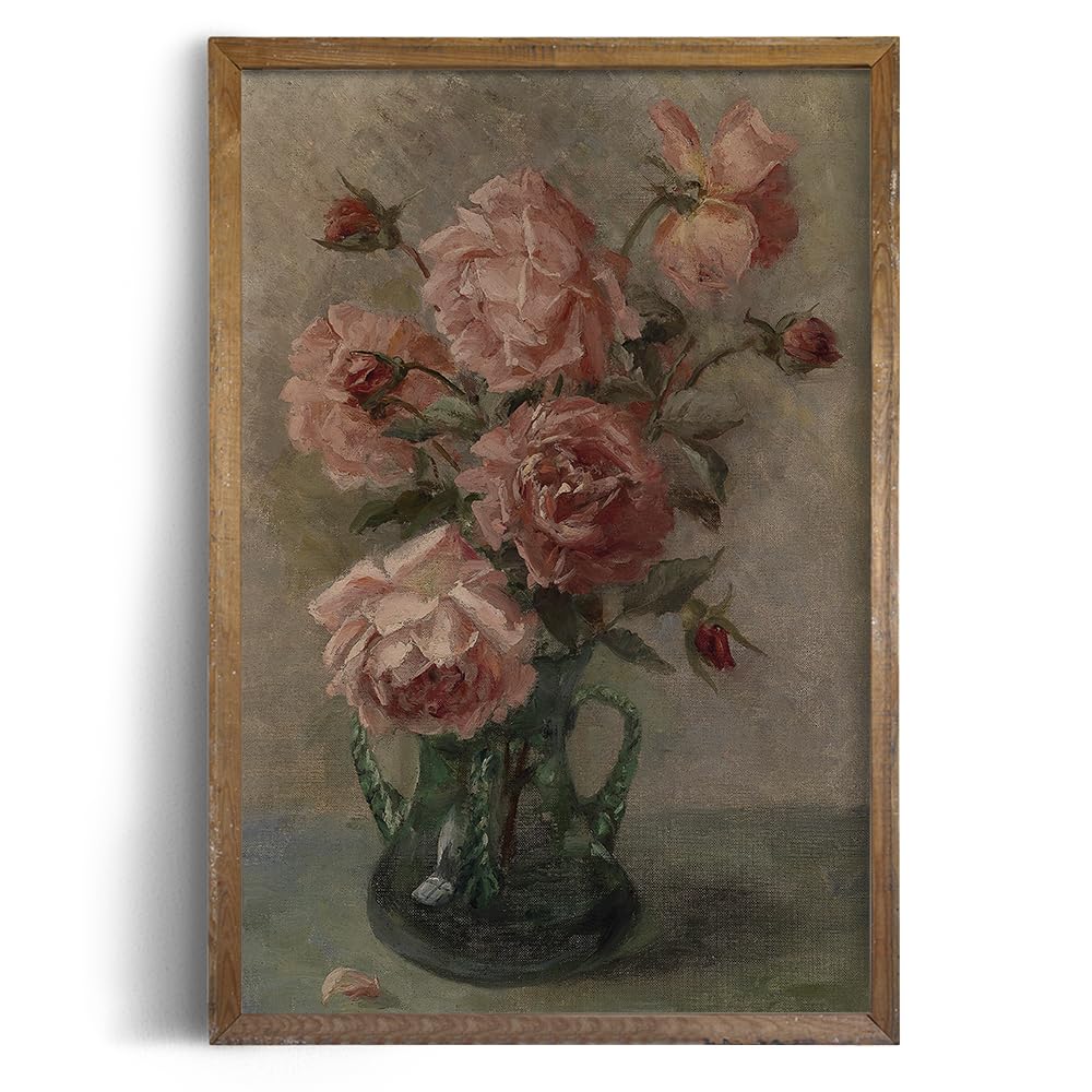 Farmhouse Still Life Picture Living Room - 24x36 Large Unframed Rolled Canvas- Rustic Vintage Decor for Bedroom - White Pink Floral 19th Century Oil Painting - Art Deco Wall for Kitchen French Poster