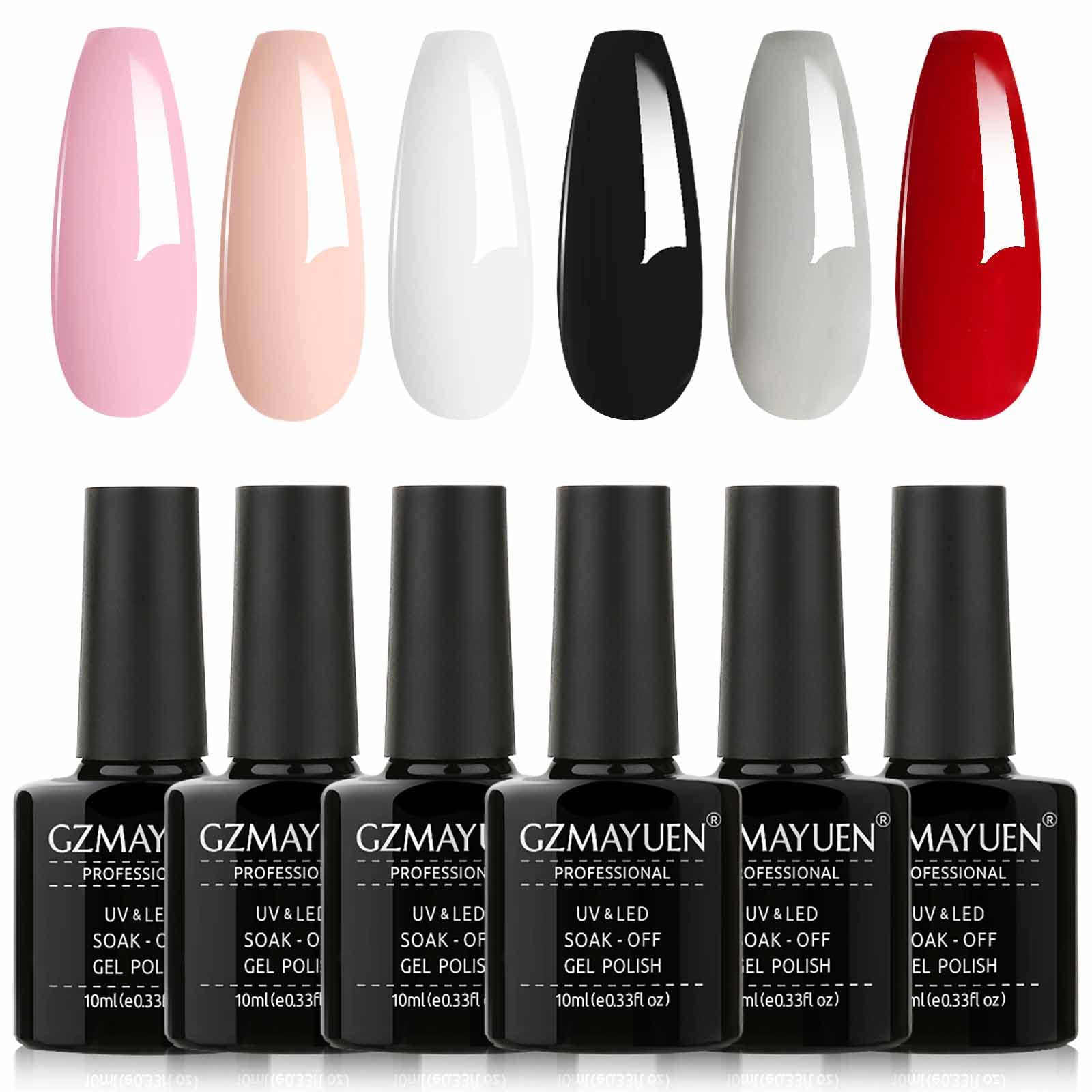 GZMAYUEN Set Esmaltes Semipermanentes Pintaunas Colores Rosa Nude Blanco Negro Gris Rojo 6Pcs Esmaltes Gel UV Led Gel Nail Polish Manicura Francesa Shellac Gel 10ML