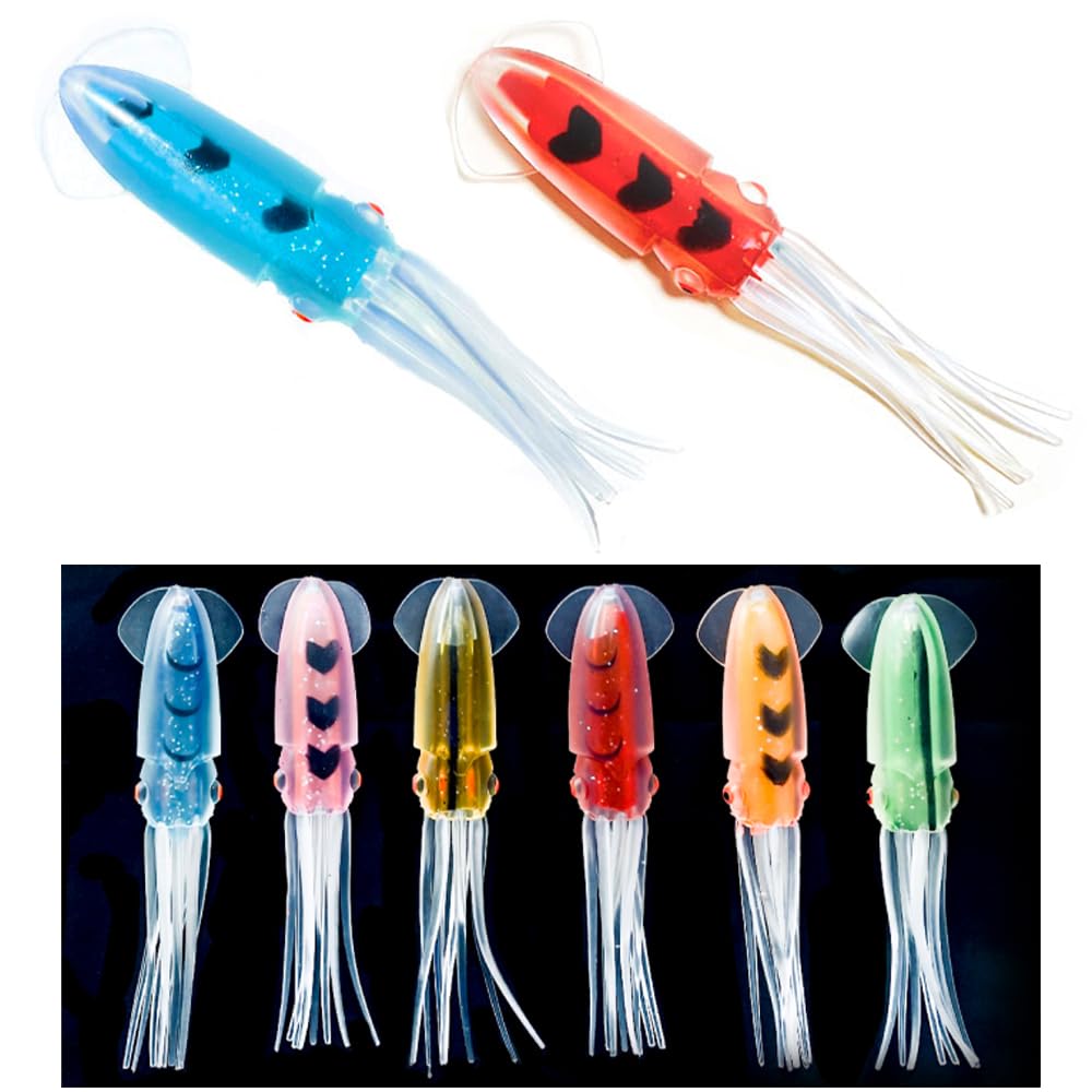 Senvenelec 6Pcs Faux appât calmar, Appâts de calmar bionique, Leurre Artificiel, leurre bionique en Silicone Flexible, leurre Puissant