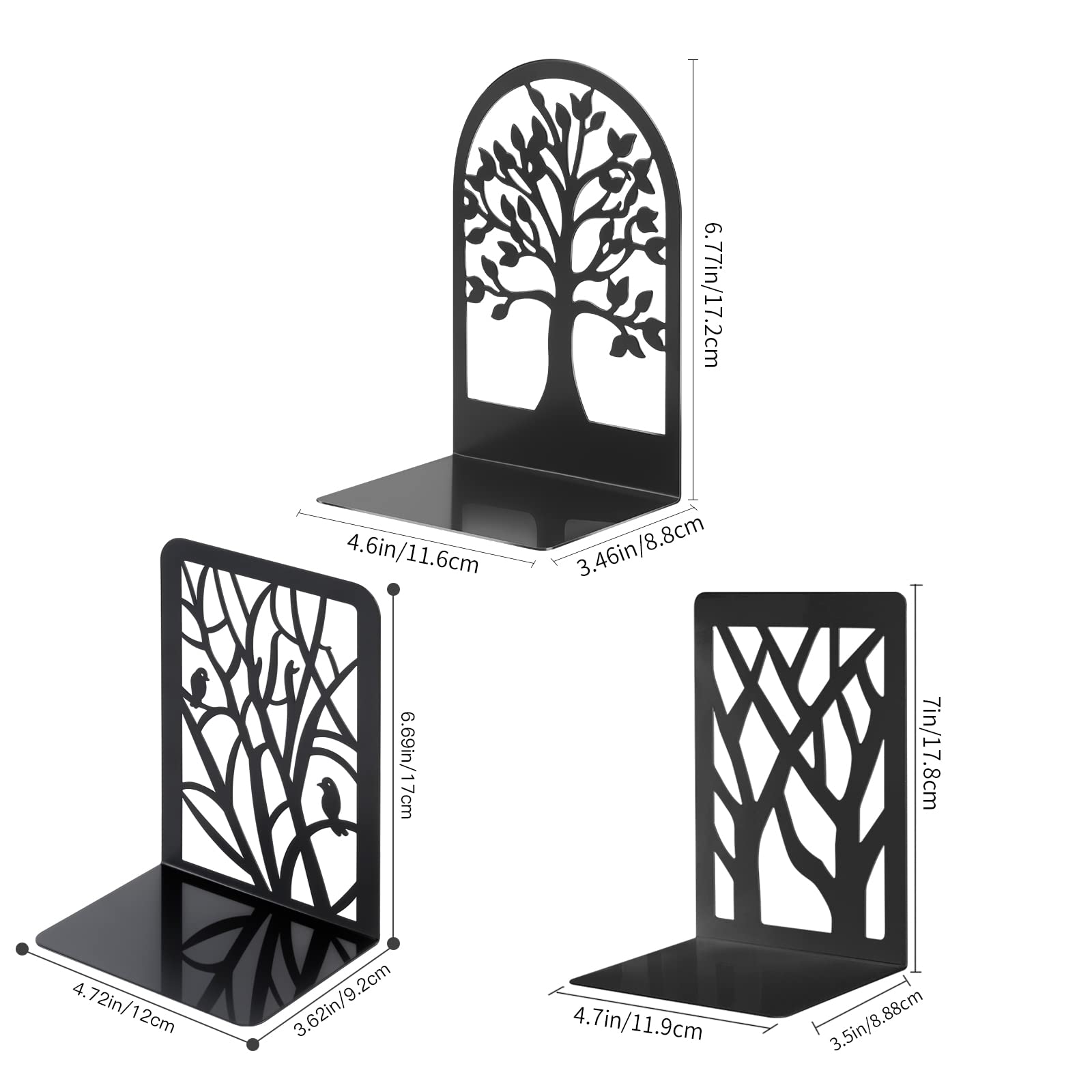 Buchstützen aus Metall, Baumschatten-Design, Glücksbaum-Design und ruhender Vogel-Design, dekorative Buchstützen, schwarz, 3 Paar