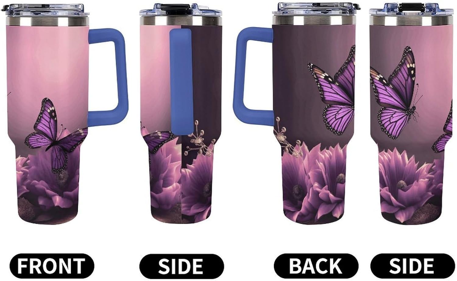 Flowers And Purple Butterfly Travel Coffee Mug Reusable Durable Stainless Steel Insulated Tumbler with Handle And Straw Leak Resistant Portable Thermal Cup Gifts for Men Women 40 Oz