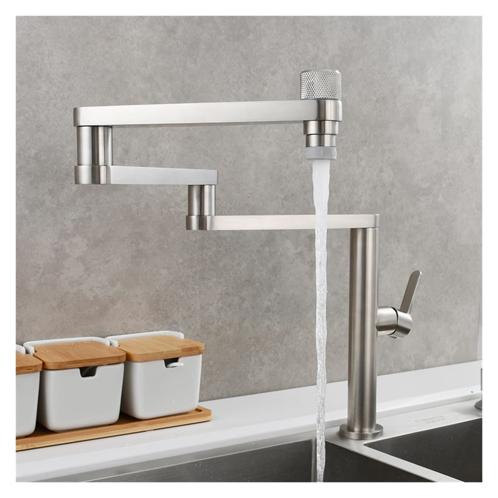 Brass Folding Kitchen Faucet Double Joint Swing Arms Hot & Cold Water Three Section Extension Sink Dual Functions Tap,Durability(Nickel Three)